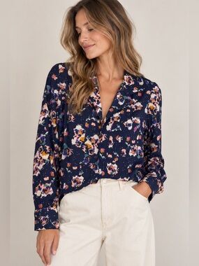 Orta La suite Navy Abstract Floral Blouse Romantic Artsy Button Up small